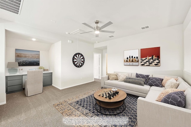 175 Creekside Dr, Sanger, TX 76266 - living area with ceiling fan, visible vents, attic access, and light carpet