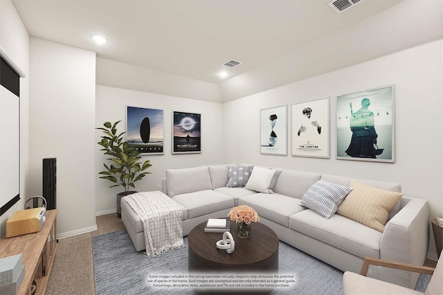 175 Creekside Dr, Sanger, TX 76266 - carpeted living room featuring baseboards, visible vents, and recessed lighting