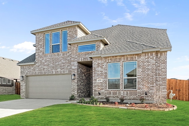 175 Creekside Dr, Sanger, TX 76266 - view of front of home featuring concrete driveway, an attached garage, fence, brick siding, and a front lawn