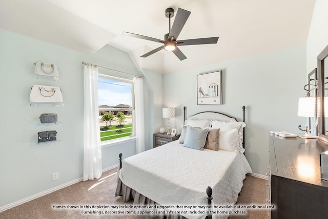 carpeted bedroom featuring ceiling fan and lofted ceiling