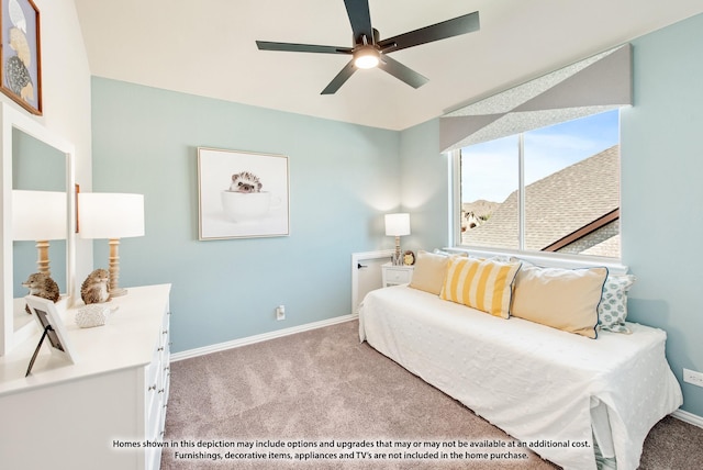 bedroom with ceiling fan and light colored carpet