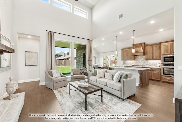 living room featuring a high ceiling and light hardwood / wood-style flooring