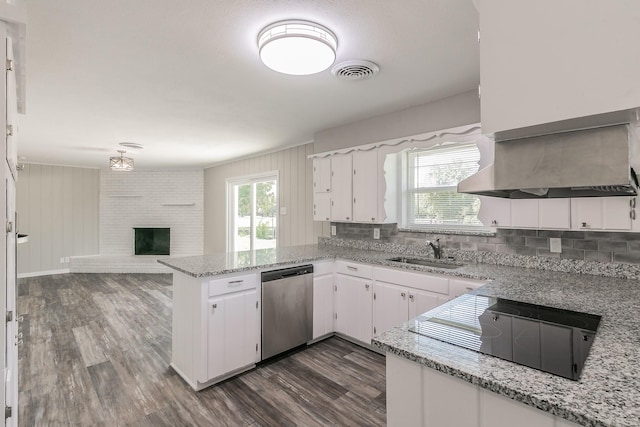 kitchen featuring a fireplace, stainless steel dishwasher, white cabinets, light stone counters, and sink