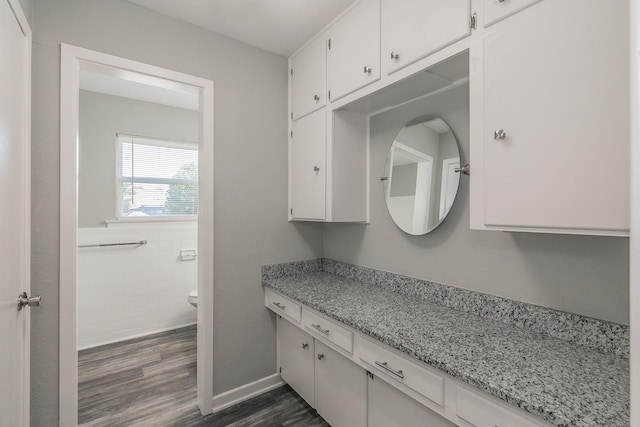 bathroom with toilet, vanity, wood-type flooring, and tile walls