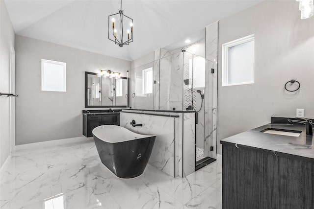 bathroom with vaulted ceiling, a chandelier, plus walk in shower, and vanity