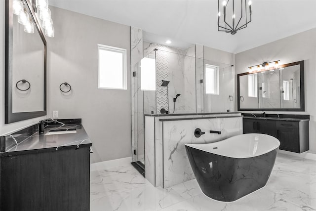 bathroom with independent shower and bath, vanity, and a notable chandelier