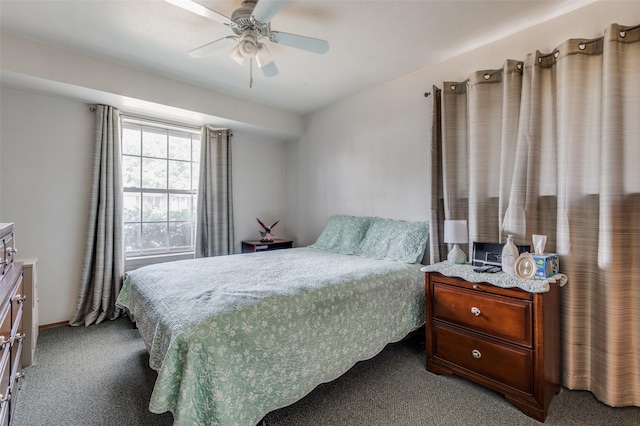 carpeted bedroom featuring ceiling fan