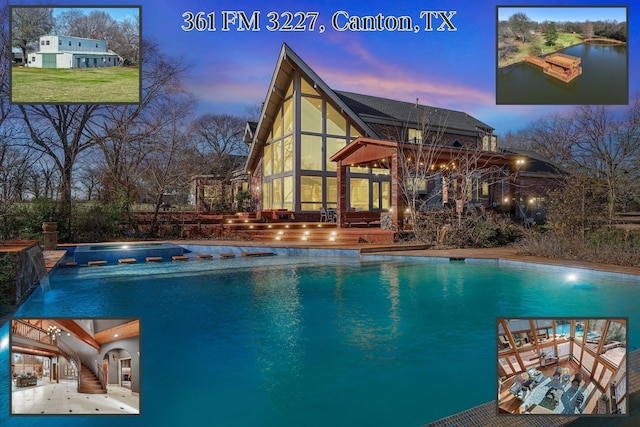 pool at dusk with a patio