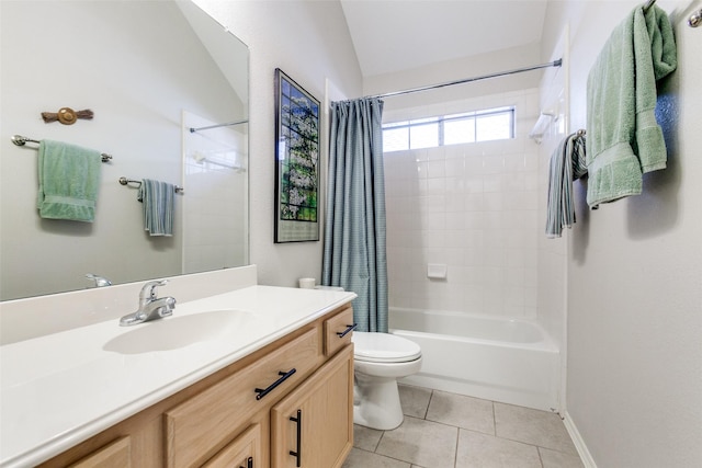 full bathroom with toilet, shower / tub combo with curtain, tile patterned flooring, vaulted ceiling, and vanity