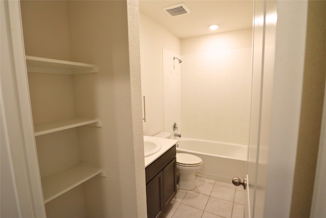 full bath featuring toilet, vanity, visible vents, shower / washtub combination, and tile patterned floors