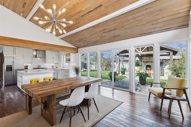 dining room featuring wood ceiling, an inviting chandelier, dark hardwood / wood-style floors, high vaulted ceiling, and beam ceiling