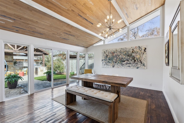 sunroom / solarium with wooden ceiling, an inviting chandelier, and lofted ceiling with beams