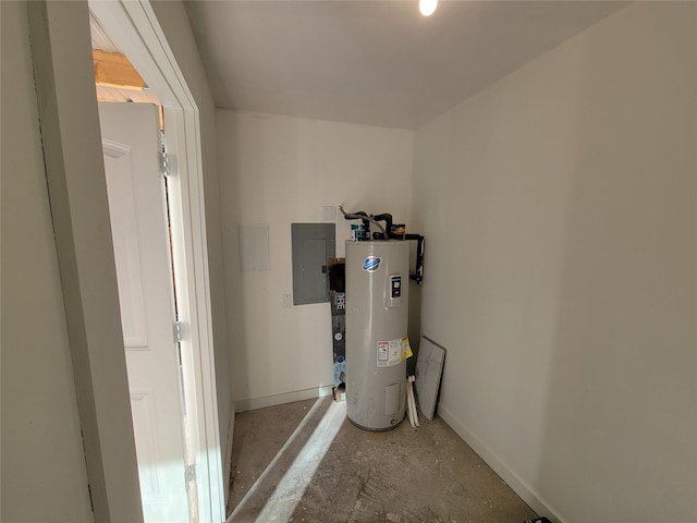 utility room featuring electric panel and water heater