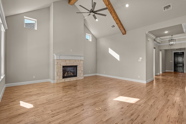 unfurnished living room featuring high vaulted ceiling, light wood-type flooring, beamed ceiling, ceiling fan, and a fireplace