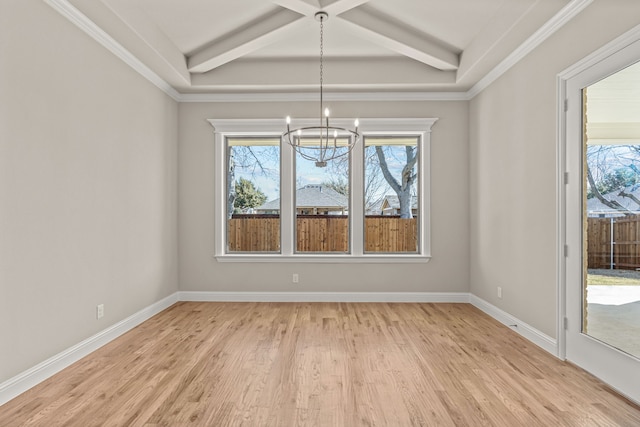 unfurnished dining area with coffered ceiling, crown molding, a chandelier, beamed ceiling, and light hardwood / wood-style floors