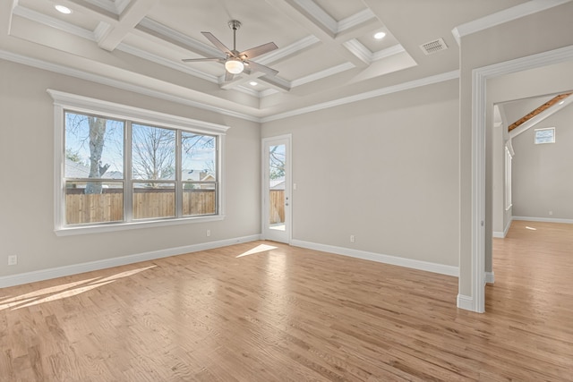 empty room with ornamental molding, coffered ceiling, and light wood-type flooring