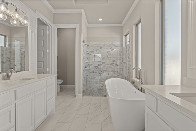 full bathroom featuring separate shower and tub, vanity, a wealth of natural light, ornamental molding, and toilet