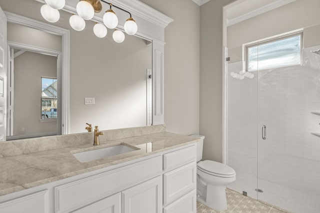 bathroom featuring vanity, toilet, and walk in shower