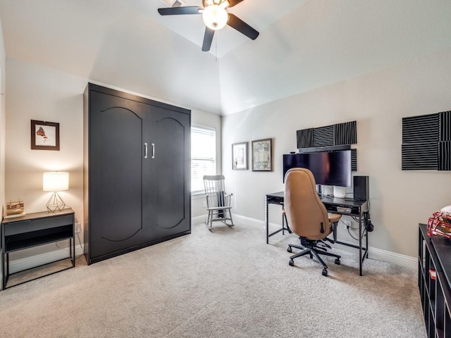 office space featuring ceiling fan, carpet, and high vaulted ceiling