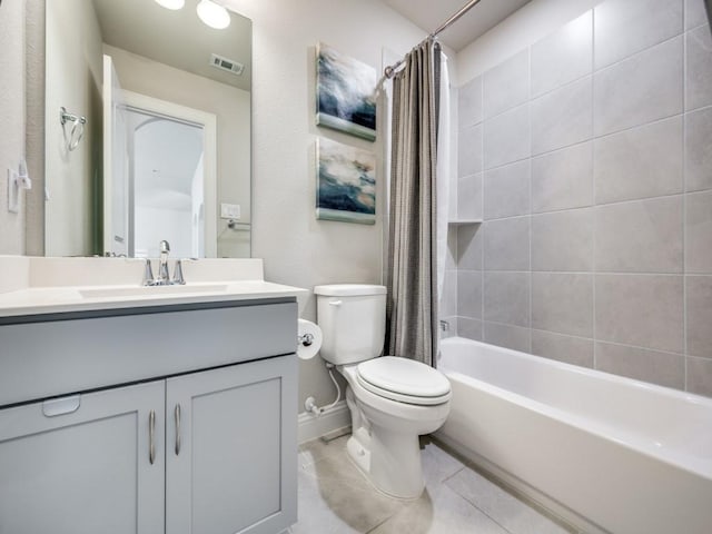 full bathroom with toilet, shower / bathtub combination with curtain, tile patterned floors, and vanity