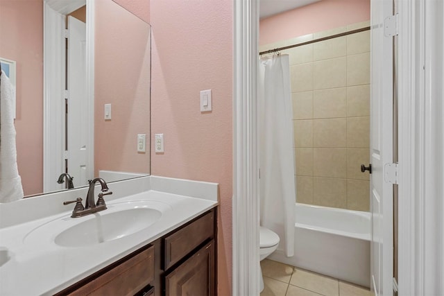 full bathroom featuring toilet, tile patterned flooring, vanity, and shower / tub combo with curtain