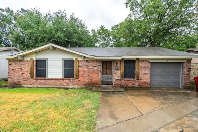 single story home featuring a garage and a front yard