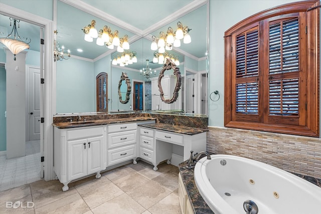 bathroom featuring tiled bath, vanity, tile patterned flooring, and ornamental molding