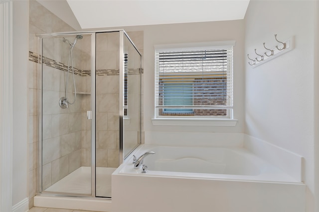 bathroom with plus walk in shower and lofted ceiling