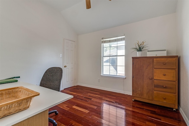 office area with lofted ceiling and dark wood-type flooring