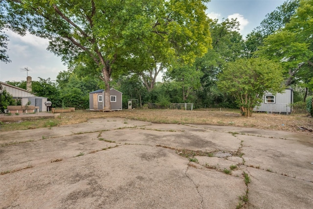 view of yard featuring a storage unit