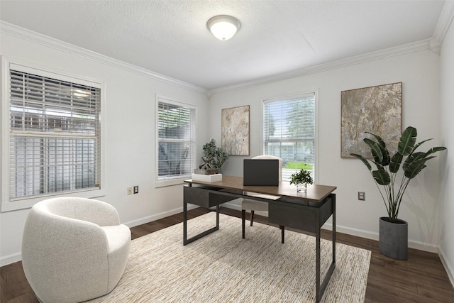 office featuring dark wood-type flooring, ornamental molding, baseboards, and a textured ceiling