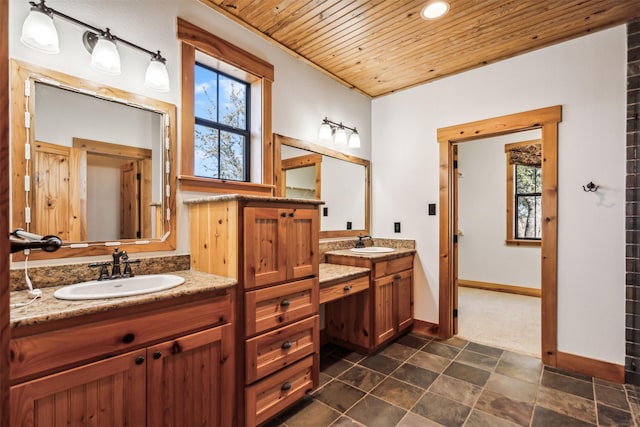 bathroom with vanity, wood ceiling, and a wealth of natural light