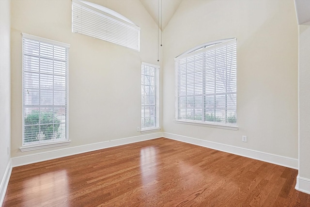 empty room featuring vaulted ceiling, a wealth of natural light, and hardwood / wood-style flooring