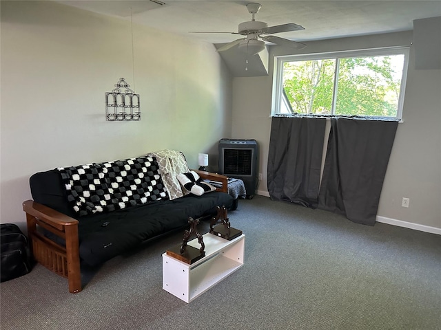 living room featuring ceiling fan and carpet flooring