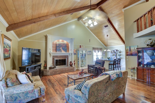 living room with a fireplace, wood ceiling, and wood-type flooring