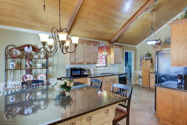 kitchen featuring sink, vaulted ceiling with beams, black appliances, decorative light fixtures, and wooden ceiling