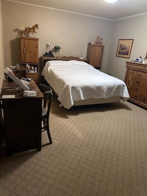 bedroom with crown molding and light colored carpet