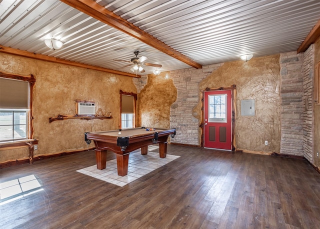 game room featuring ceiling fan, dark hardwood / wood-style floors, beamed ceiling, and pool table