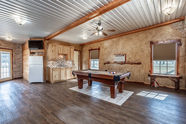 rec room featuring a wall unit AC, ceiling fan, dark hardwood / wood-style floors, billiards, and beam ceiling