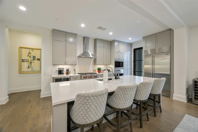 kitchen with sink, backsplash, built in appliances, a center island with sink, and wall chimney exhaust hood