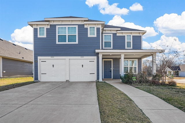 view of front facade with a front yard and a garage