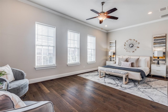 bedroom featuring dark wood-type flooring, ceiling fan, ornamental molding, and multiple windows