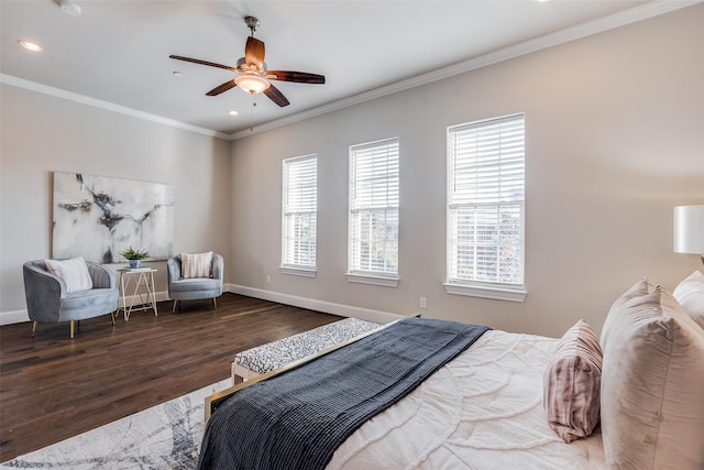 bedroom featuring ceiling fan, hardwood / wood-style flooring, and ornamental molding