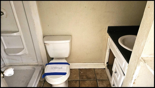 bathroom featuring toilet, vanity, and tile patterned floors