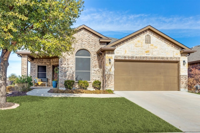 1701 Kachina Lodge Rd, Fort Worth, TX 76131 - french country home featuring driveway, an attached garage, a front yard, and brick siding