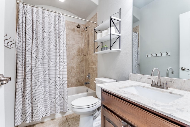 full bathroom with toilet, tile patterned floors, vanity, and shower / bath combo with shower curtain