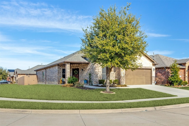 1701 Kachina Lodge Rd, Fort Worth, TX 76131 - view of front facade with brick siding, concrete driveway, an attached garage, and a front yard