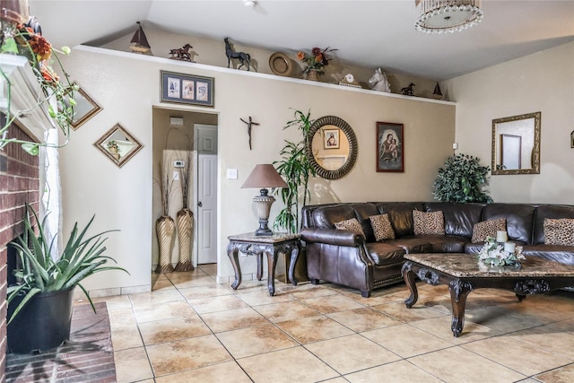 tiled living room with lofted ceiling