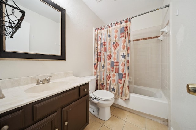 full bathroom with toilet, vanity, tile patterned flooring, and shower / bath combo with shower curtain