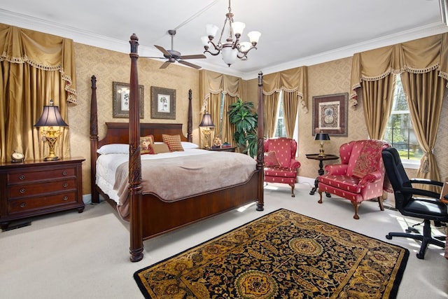 carpeted bedroom with wallpapered walls, ornamental molding, and a chandelier